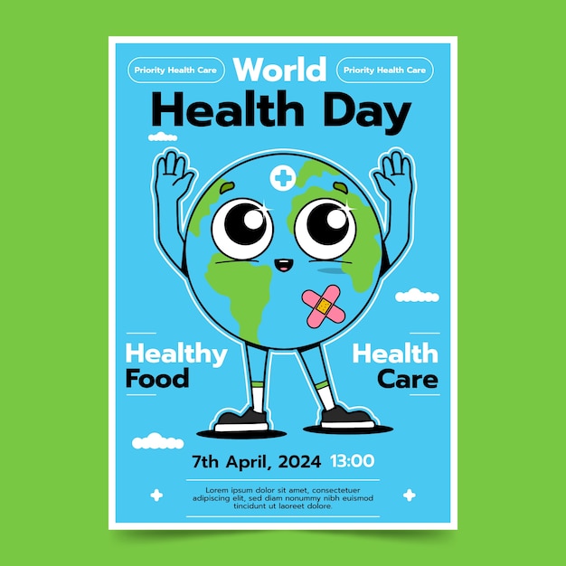 Modelo de cartaz vertical desenhado à mão para a conscientização sobre o Dia Mundial da Saúde