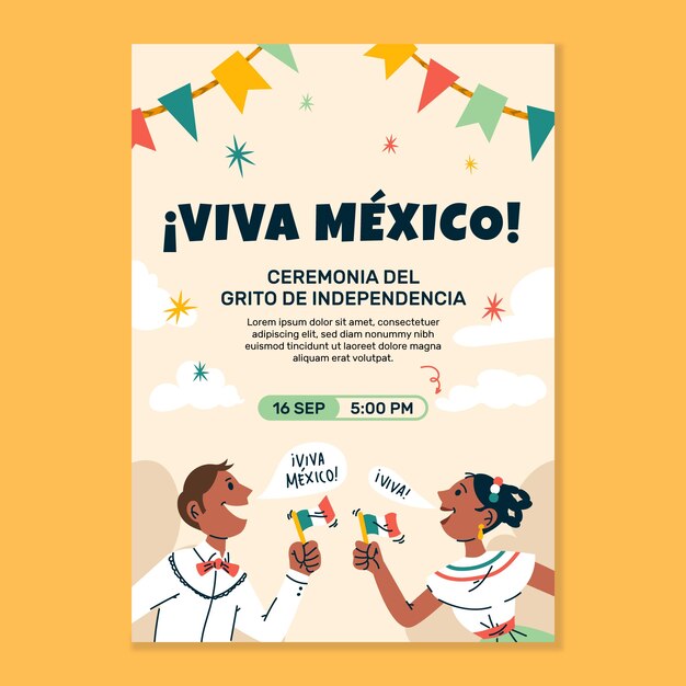 Modelo de cartaz vertical desenhado à mão para celebração da independência do méxico