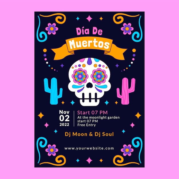 Modelo de cartaz vertical desenhado à mão para celebração do dia de muertos