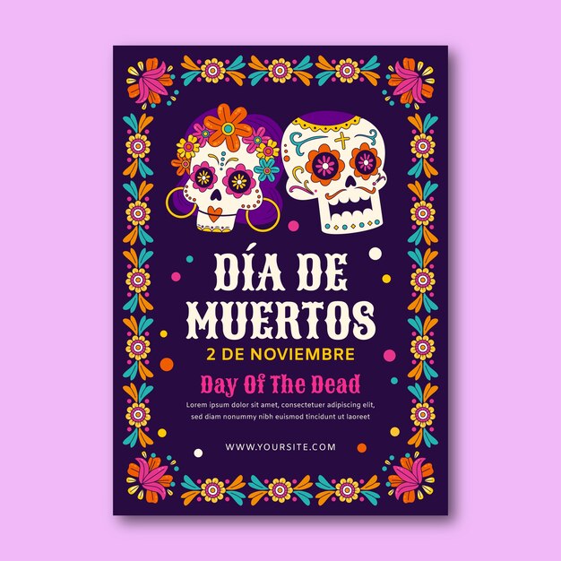Modelo de cartaz vertical desenhado à mão para celebração do dia de muertos