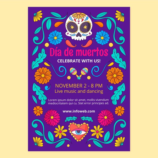 Modelo de cartaz vertical desenhado à mão para celebração do dia de muertos