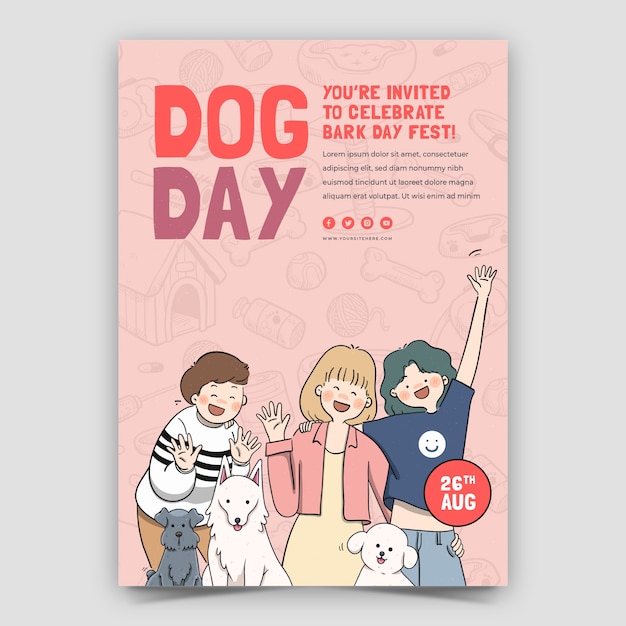 Modelo de cartaz vertical desenhado à mão para celebração do dia internacional do cão