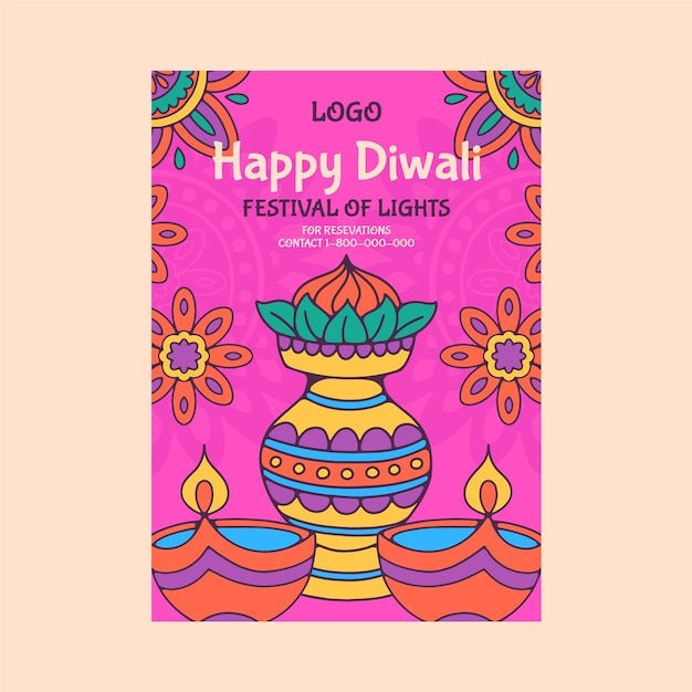 Modelo de cartaz vertical desenhado à mão para celebração do festival diwali