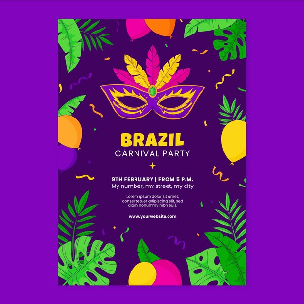 Modelo de cartaz vertical desenhado à mão para o carnaval brasileiro