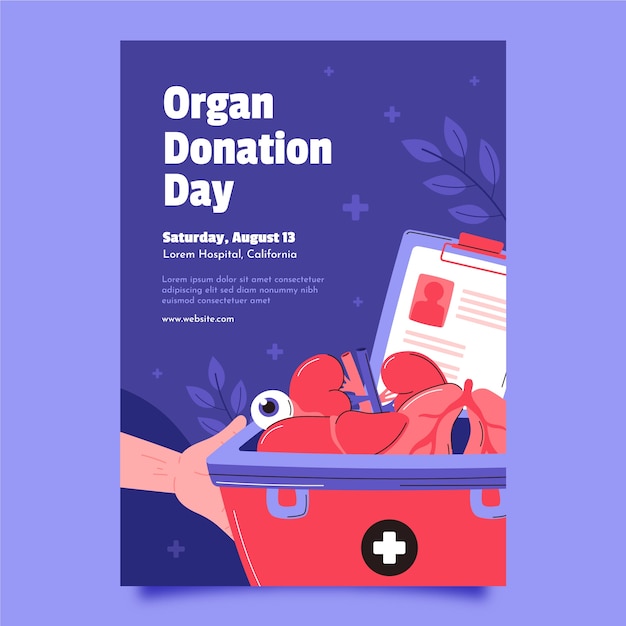 Modelo de cartaz vertical do dia da doação de órgãos do mundo plano com órgãos humanos
