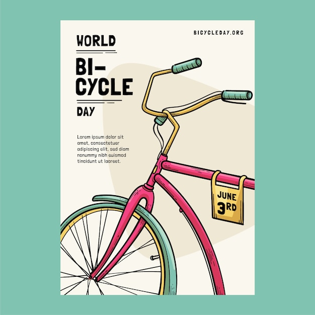 Modelo de cartaz vertical do dia mundial da bicicleta desenhado à mão