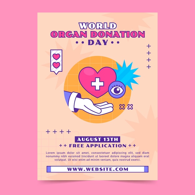 Modelo de cartaz vertical do dia mundial da doação de órgãos desenhado à mão