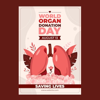 Modelo de cartaz vertical do dia mundial da doação de órgãos plano com pulmões