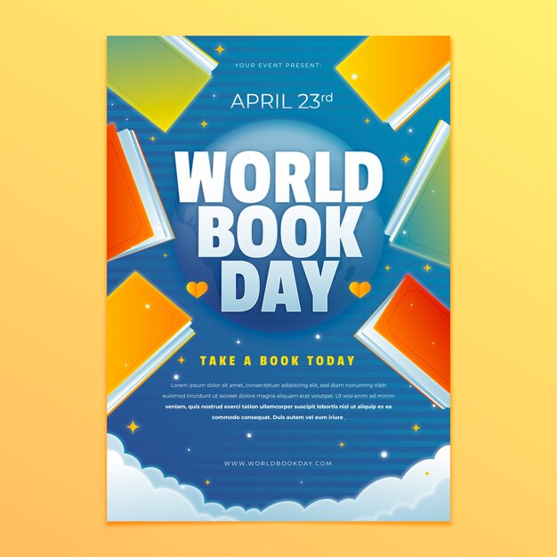 Modelo de cartaz vertical do dia mundial do livro gradiente