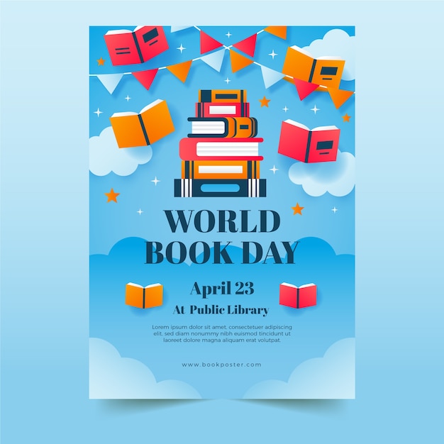 Modelo de cartaz vertical do dia mundial do livro gradiente