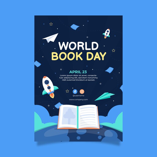 Modelo de cartaz vertical do dia mundial do livro plano