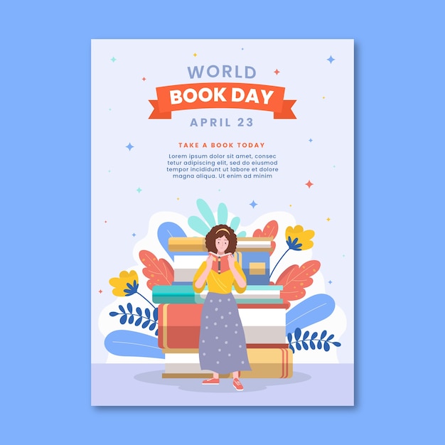 Modelo de cartaz vertical do dia mundial do livro plano