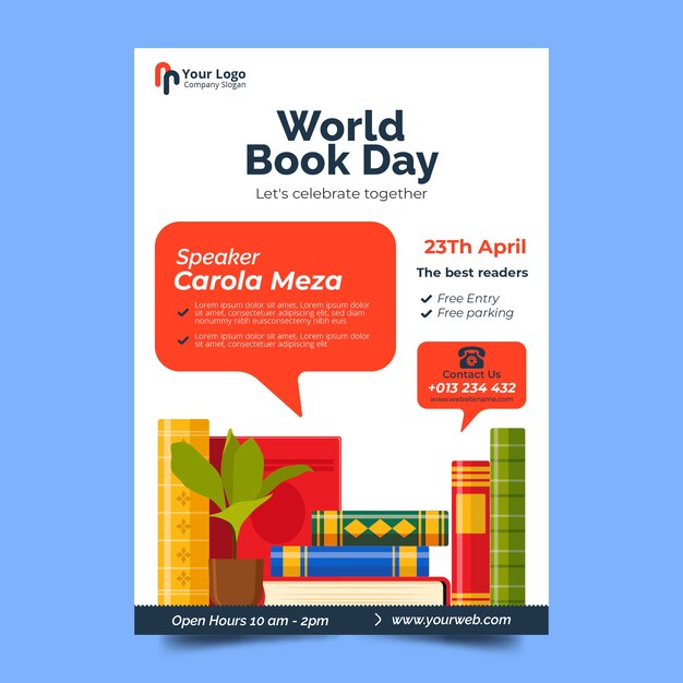 Modelo de cartaz vertical do dia mundial do livro plano
