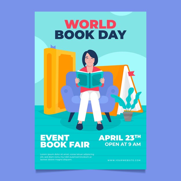 Modelo de cartaz vertical do dia mundial do livro plano