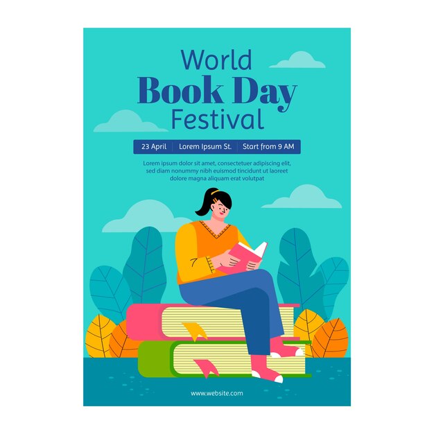 Modelo de cartaz vertical do dia mundial do livro plano