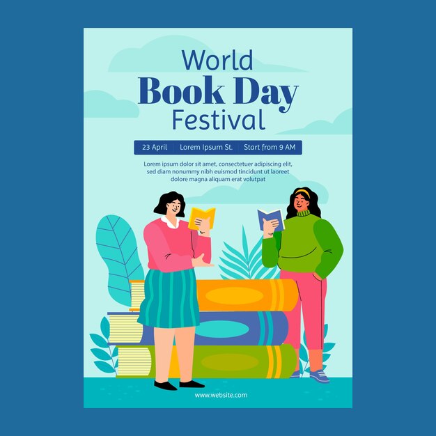 Modelo de cartaz vertical do dia mundial do livro plano