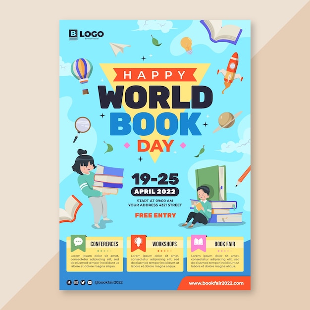 Modelo de cartaz vertical do dia mundial do livro plano