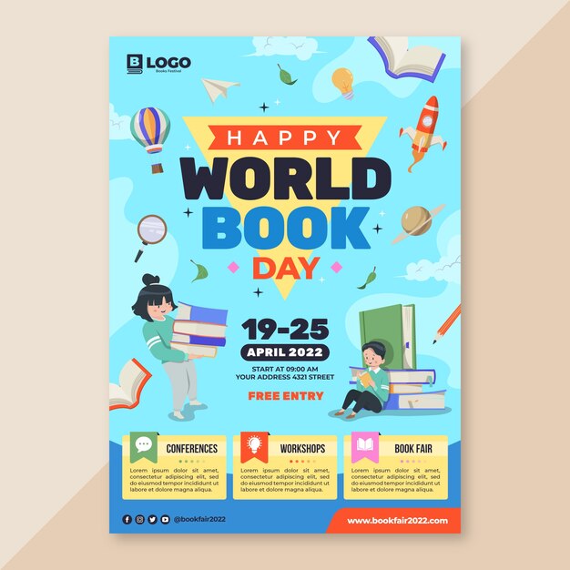 Modelo de cartaz vertical do Dia Mundial do Livro