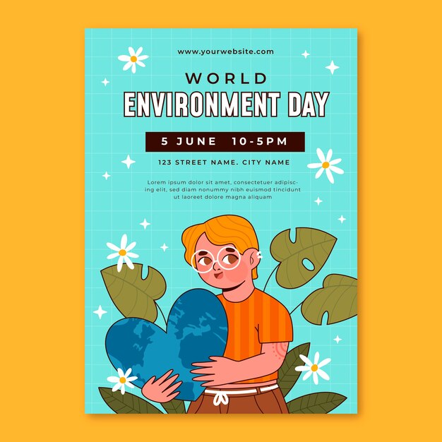 Modelo de cartaz vertical do dia mundial do meio ambiente desenhado à mão