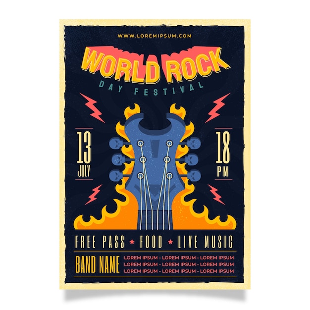 Vetor grátis modelo de cartaz vertical do dia mundial do rock plano com guitarra em chamas