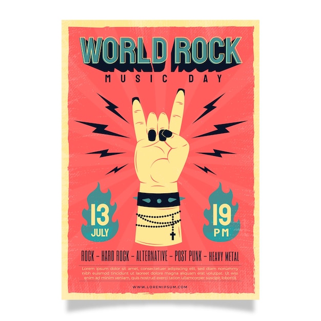 Modelo de cartaz vertical do dia mundial do rock plano com mão mostrando sinal de rock and roll