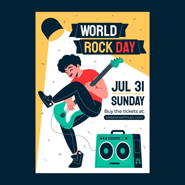 Modelo de cartaz vertical do dia mundial do rock plano com músico tocando guitarra