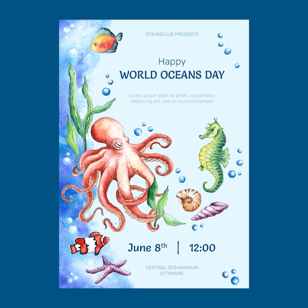 Modelo de cartaz vertical do dia mundial dos oceanos em aquarela