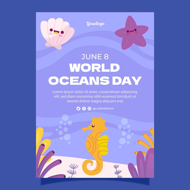 Vetor grátis modelo de cartaz vertical do dia mundial dos oceanos plano com cavalo-marinho