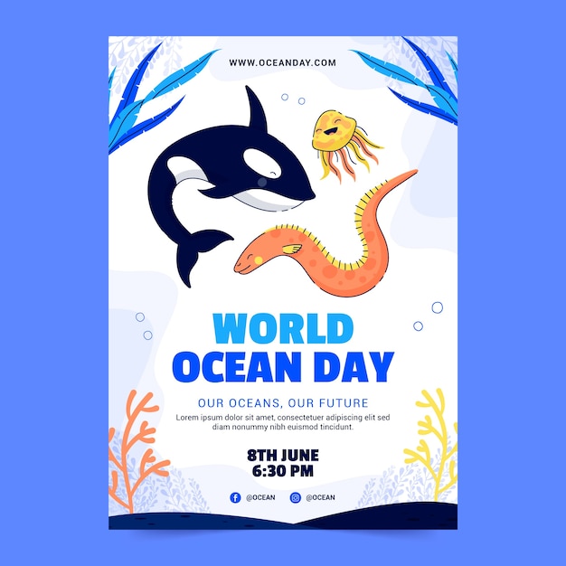 Modelo de cartaz vertical do dia mundial dos oceanos plano