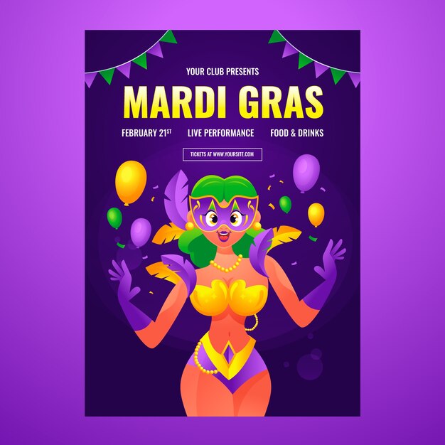 Vetor grátis modelo de cartaz vertical gradiente mardi gras fest