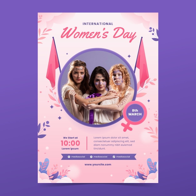 Modelo de cartaz vertical gradiente para a celebração do dia internacional da mulher