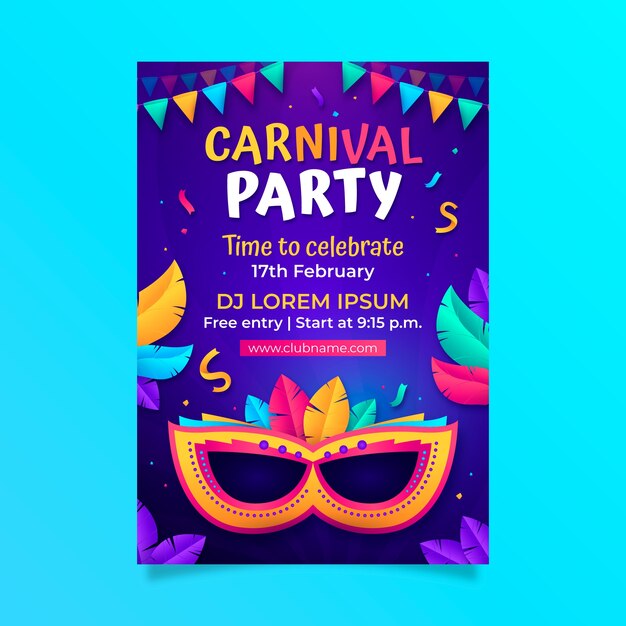 Modelo de cartaz vertical gradiente para festa de carnaval
