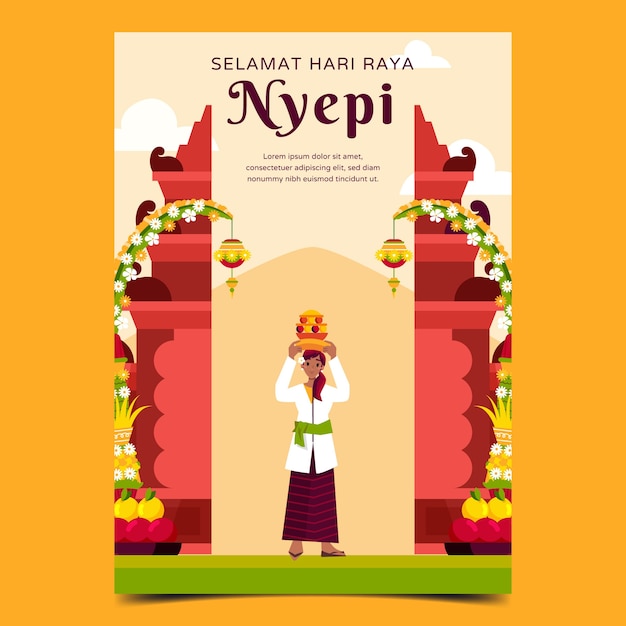 Modelo de cartaz vertical nyepi plano