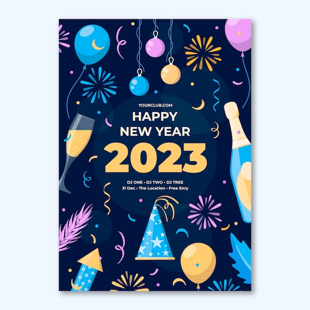 Modelo de cartaz vertical plano de ano novo 2023