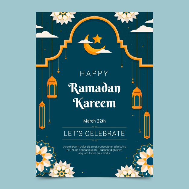 Modelo de cartaz vertical plano de celebração do ramadã