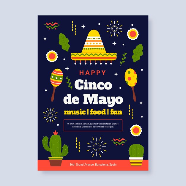 Modelo de cartaz vertical plano de cinco de maio
