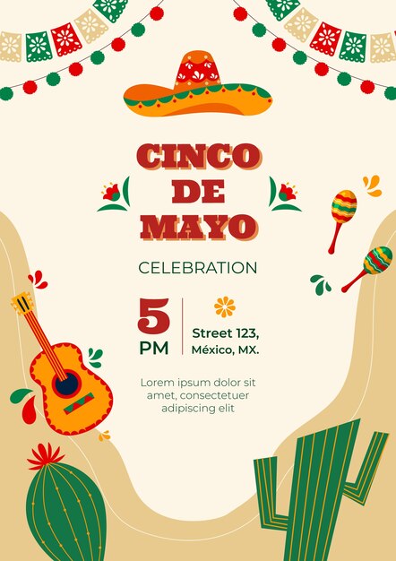Modelo de cartaz vertical plano de cinco de maio