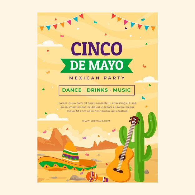 Modelo de cartaz vertical plano de cinco de maio