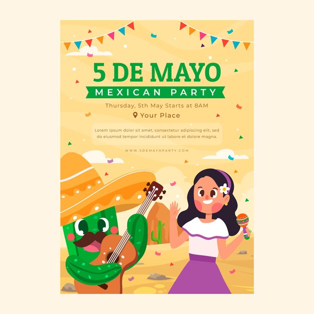 Modelo de cartaz vertical plano de cinco de maio