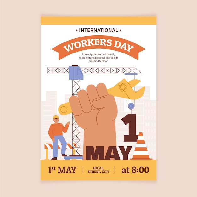 Modelo de cartaz vertical plano de dia dos trabalhadores internacionais
