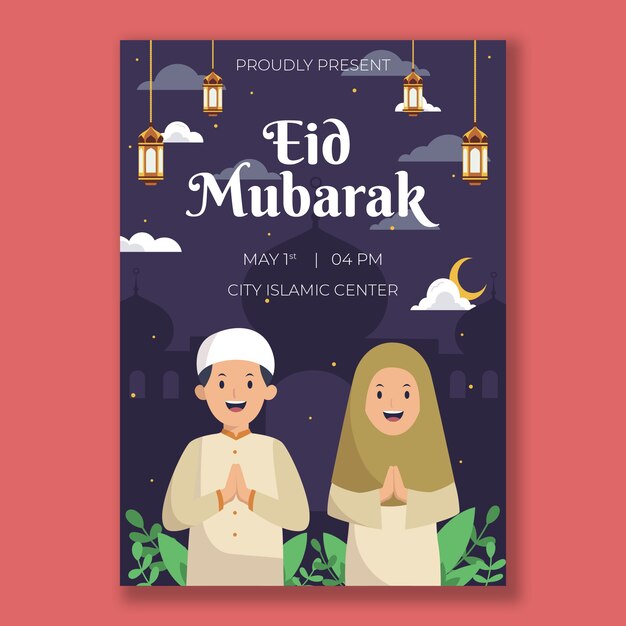 Modelo de cartaz vertical plano eid al-fitr