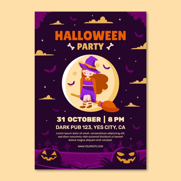 Modelo de cartaz vertical plano para a celebração do Dia das Bruxas
