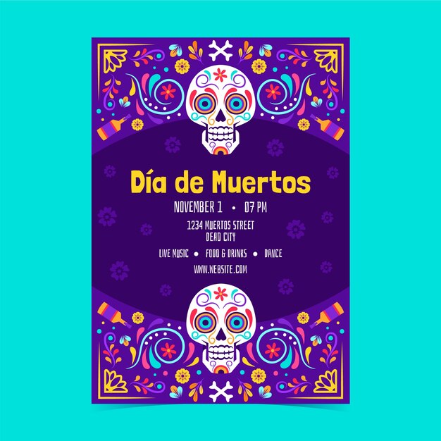 Modelo de cartaz vertical plano para a celebração do dia de muertos
