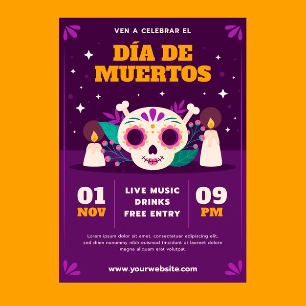 Modelo de cartaz vertical plano para a celebração do dia de muertos