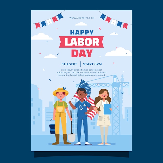 Modelo de cartaz vertical plano para a celebração do Dia do Trabalho