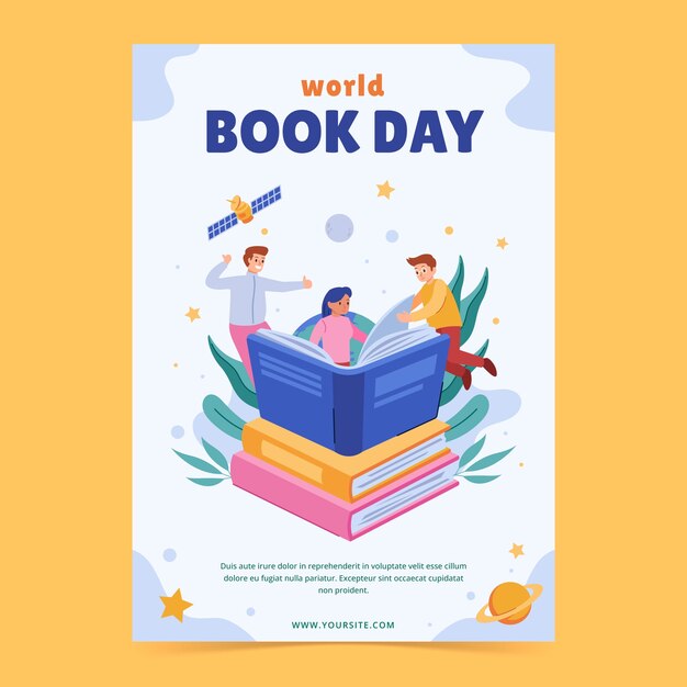 Modelo de cartaz vertical plano para a celebração do Dia Mundial do Livro