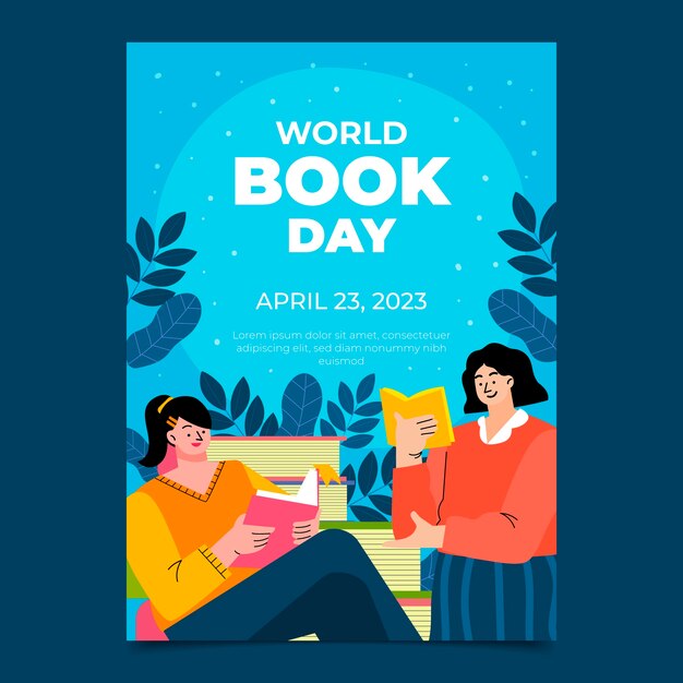 Modelo de cartaz vertical plano para a celebração do Dia Mundial do Livro
