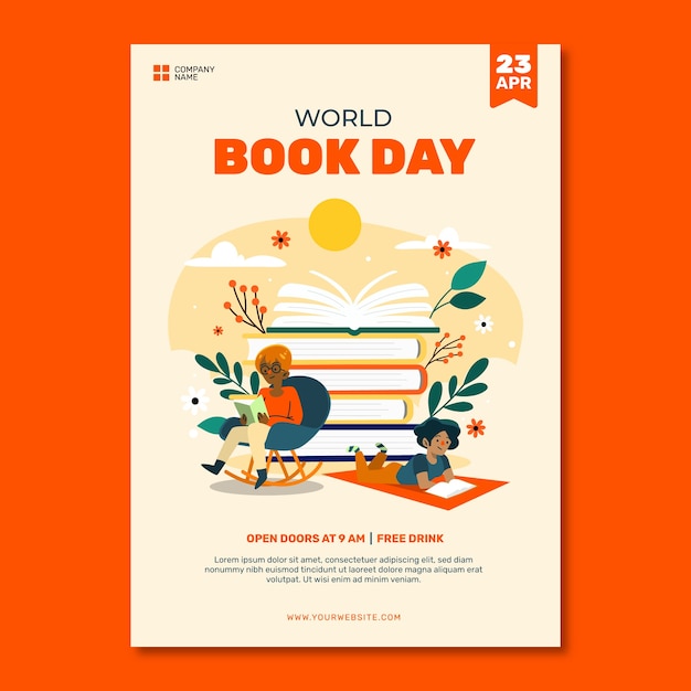 Modelo de cartaz vertical plano para a celebração do Dia Mundial do Livro