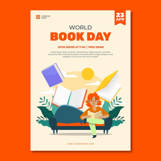Modelo de cartaz vertical plano para a celebração do Dia Mundial do Livro