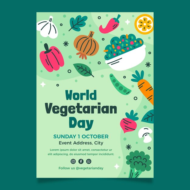 Modelo de cartaz vertical plano para a celebração do Dia Mundial do Vegetarianismo